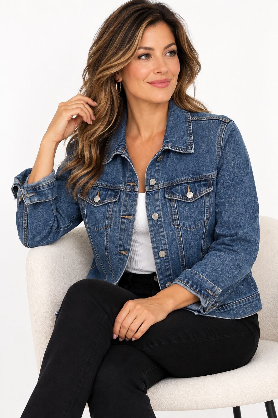 DRR French Cuff Womens Medium Denim Jean Jacket Button Front Cotton